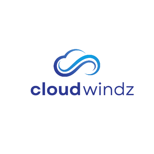 Minimalist CloudWindz logo with stylized cloud and wind elements made from blue lines